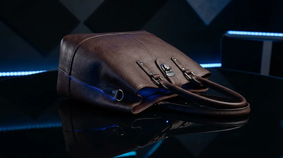 Luxury handbag with glowing embedded technology on a dark surface