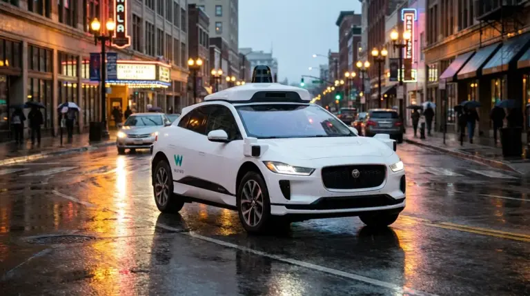 A Waymo autonomous vehicle driving on a city street at dusk.