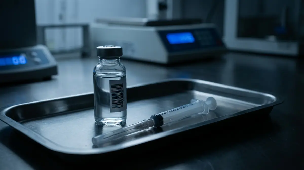 Medical vial and syringe in a dramatic laboratory setting representing clinical research.