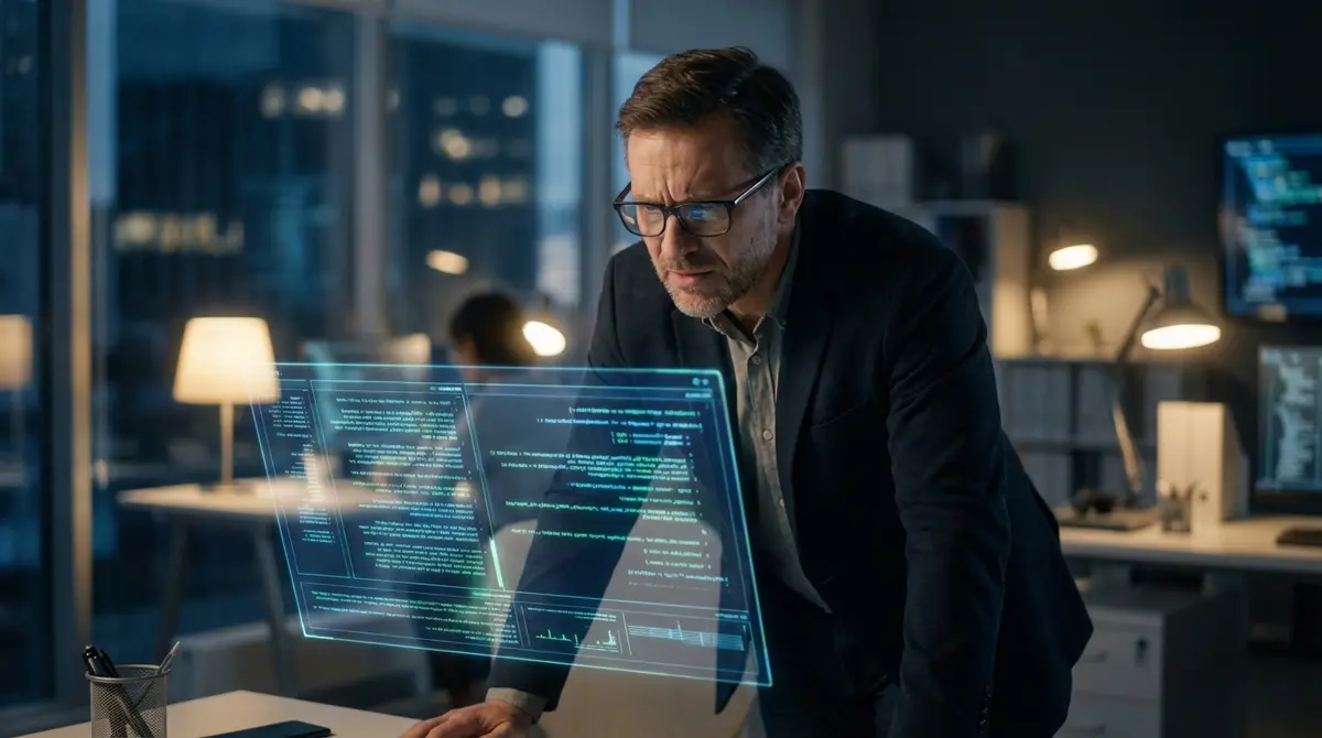 Tech analyst examining code display in a modern office