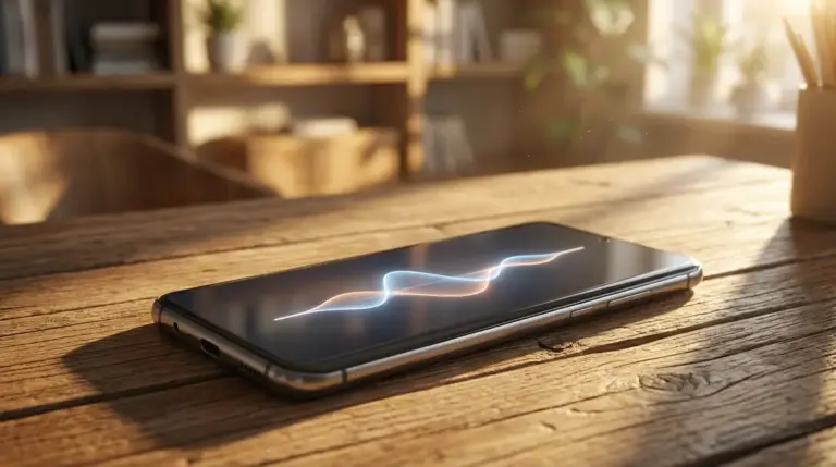 Smartphone on a desk displaying a voice activity visualization.