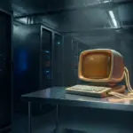 A glowing retro-futuristic computer terminal in a dark room