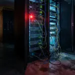 Glowing server rack in a dark data center with a red warning light