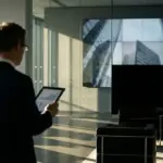 A business executive reviewing data on a tablet in a modern office.