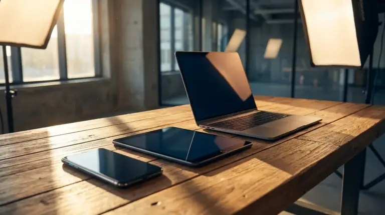 A modern smartphone tablet and laptop arranged on a well-lit wooden desk