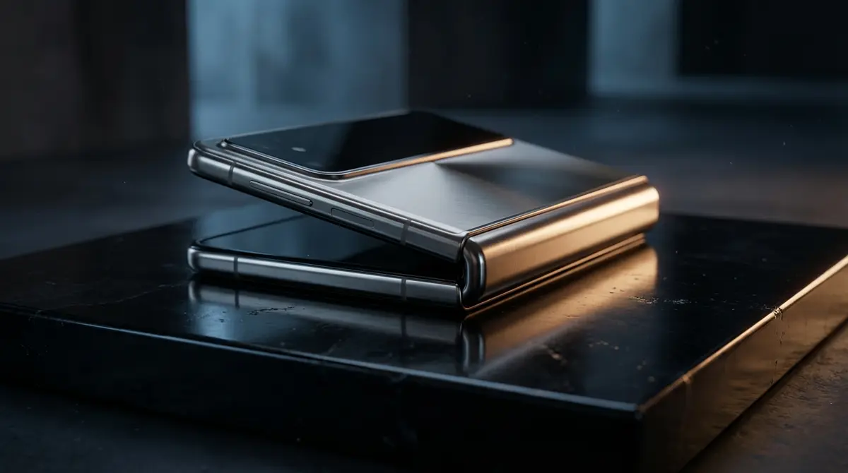 Concept art of a premium foldable smartphone on a dark surface.