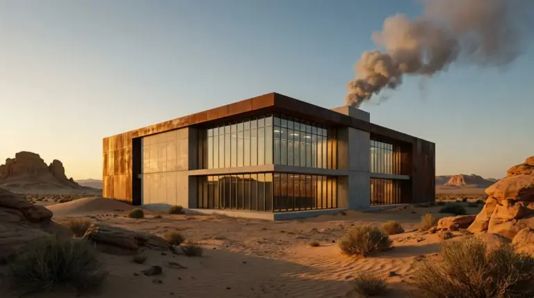 Smoke rising from a data center facility in the desert
