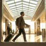 Professional walking through a modern airport terminal with luggage.