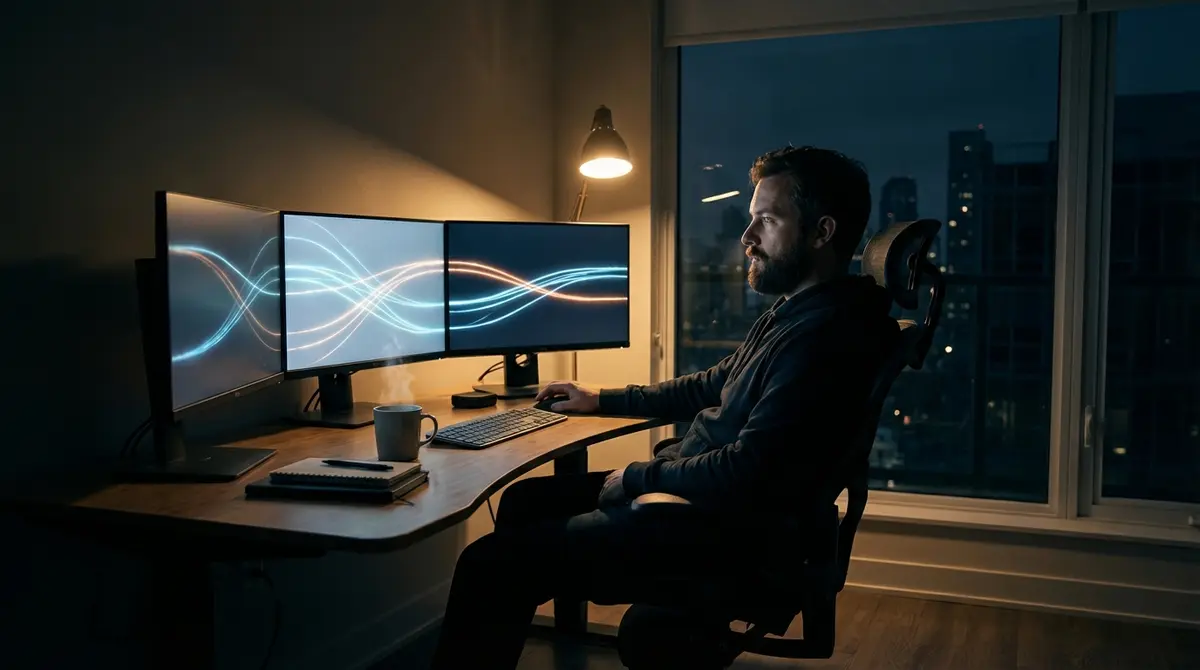 Developer watching autonomous background processes on multiple screens.