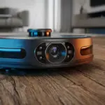 Close up of a DJI Romo robot vacuum camera lens with cinematic lighting.