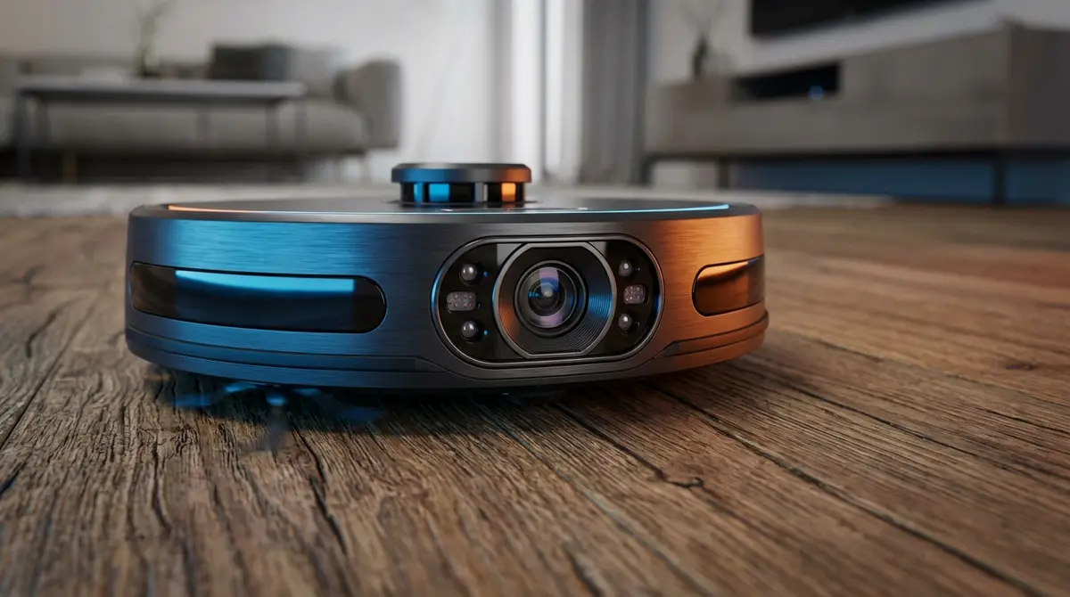 Close up of a DJI Romo robot vacuum camera lens with cinematic lighting.