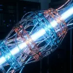 Abstract digital harness structure guiding a central AI light source