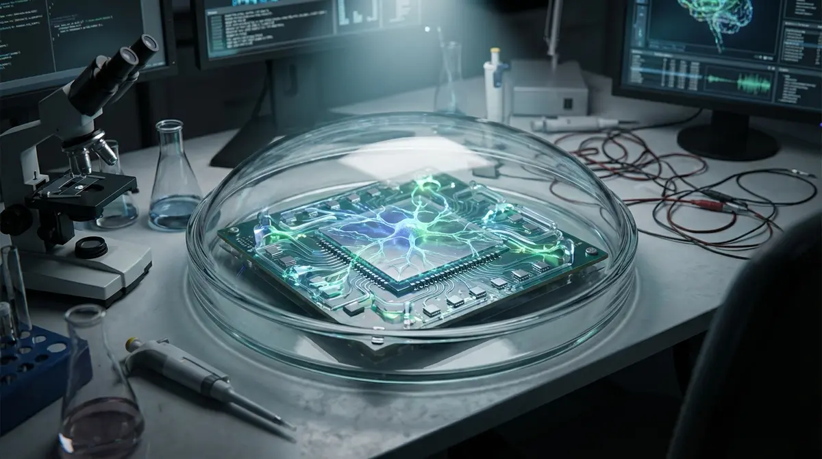 Close-up of a CL1 biological computer unit housing living neurons.