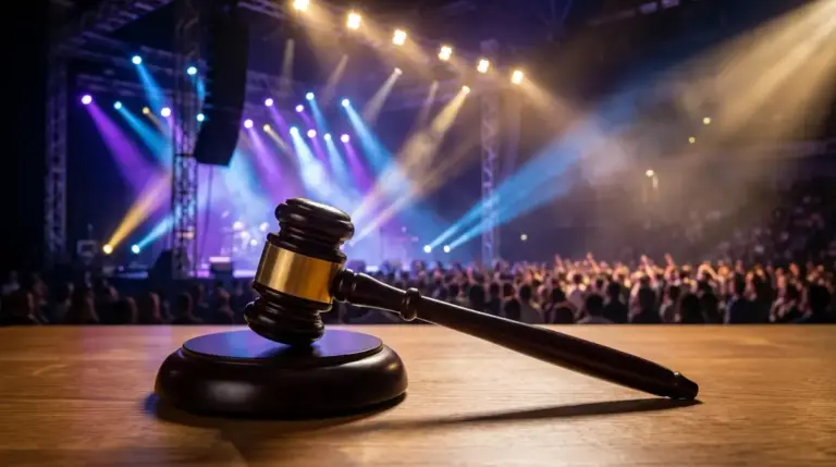 Gavel on desk with concert arena background symbolizing the Live Nation antitrust trial