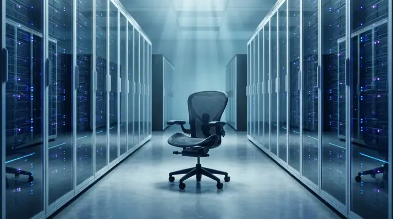Empty office chair in a massive data center server room