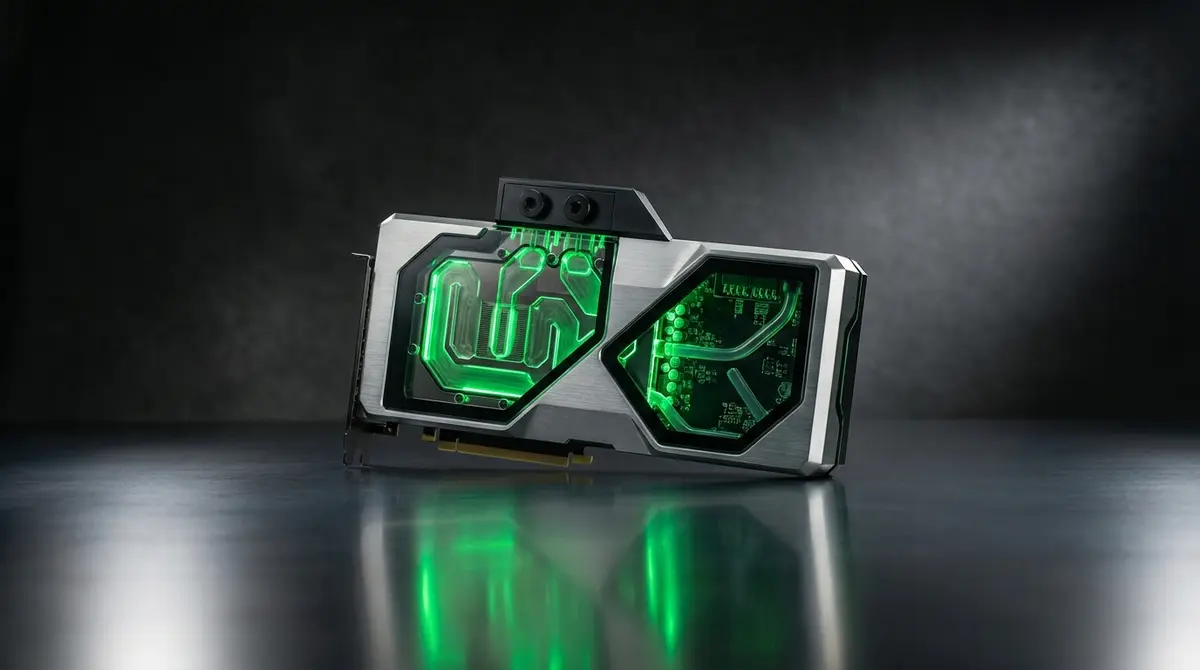 Futuristic high-end graphics card glowing with green lights on a reflective surface.