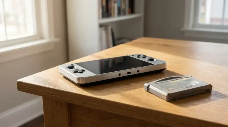 A modern handheld gaming device sitting next to a vintage cartridge.