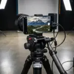 Modern smartphone mounted on a professional tripod displaying a magnified landscape.