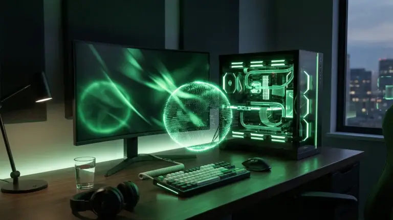Futuristic glowing PC gaming setup with abstract holographic AI sphere hovering above desk.