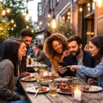A group of young adults laughing together at a cafe table.