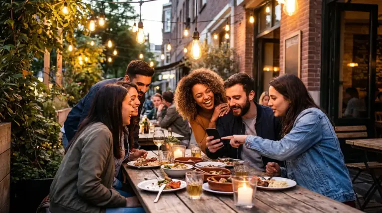 A group of young adults laughing together at a cafe table.