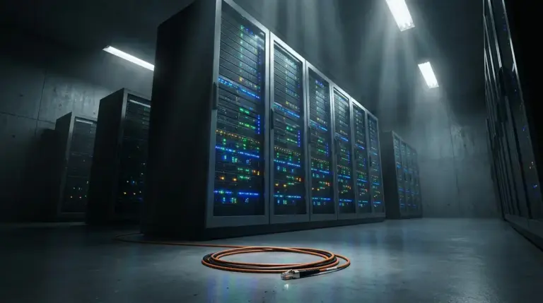 Glowing server racks in a dark data center with a disconnected fiber cable.