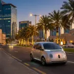 Futuristic Zoox autonomous pod driving on a brightly lit city street at dusk
