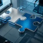 Two glowing corporate puzzle pieces connecting on a sleek glass desk