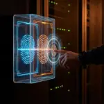 Glowing digital security gateway representing biometric human verification