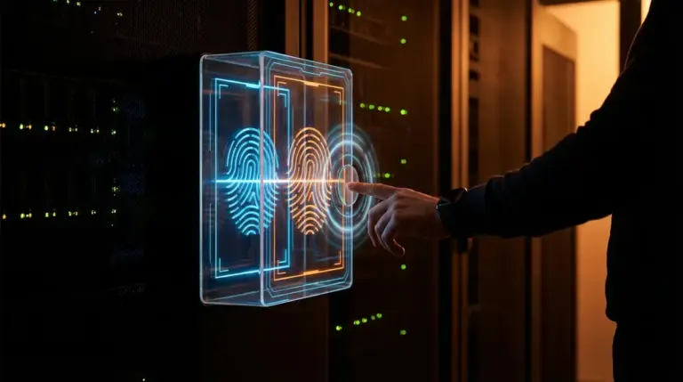 Glowing digital security gateway representing biometric human verification