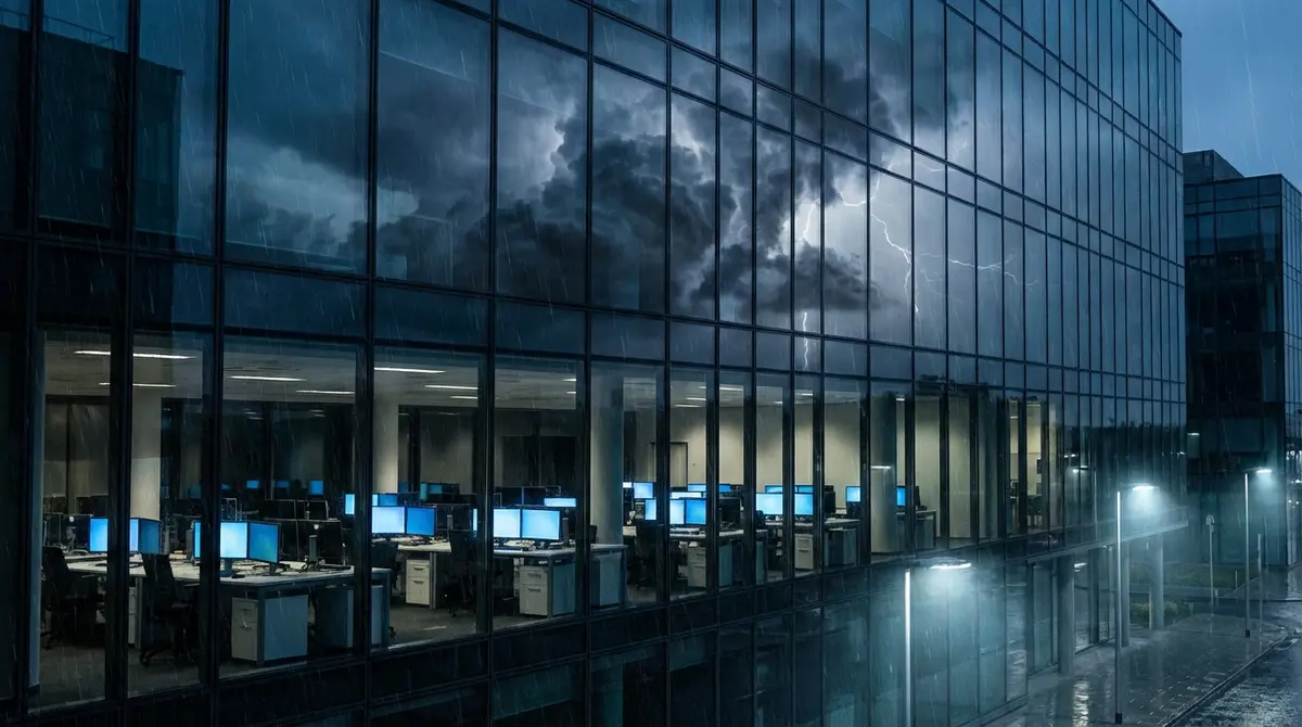 A modern glass office building reflecting a stormy sky with empty desks inside.